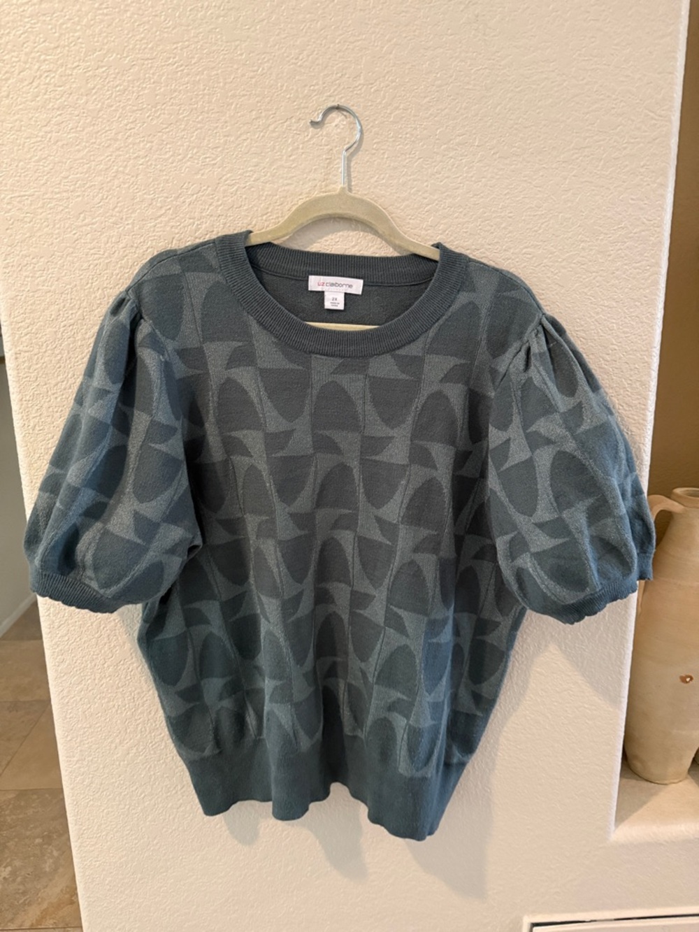 Trina Turk Blue Teal Geometric Puff-Sleeve Crewneck Sweater